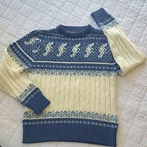 Classic Ski Fair Isle Christopher Rand blue cream ribbed sweater Sz M